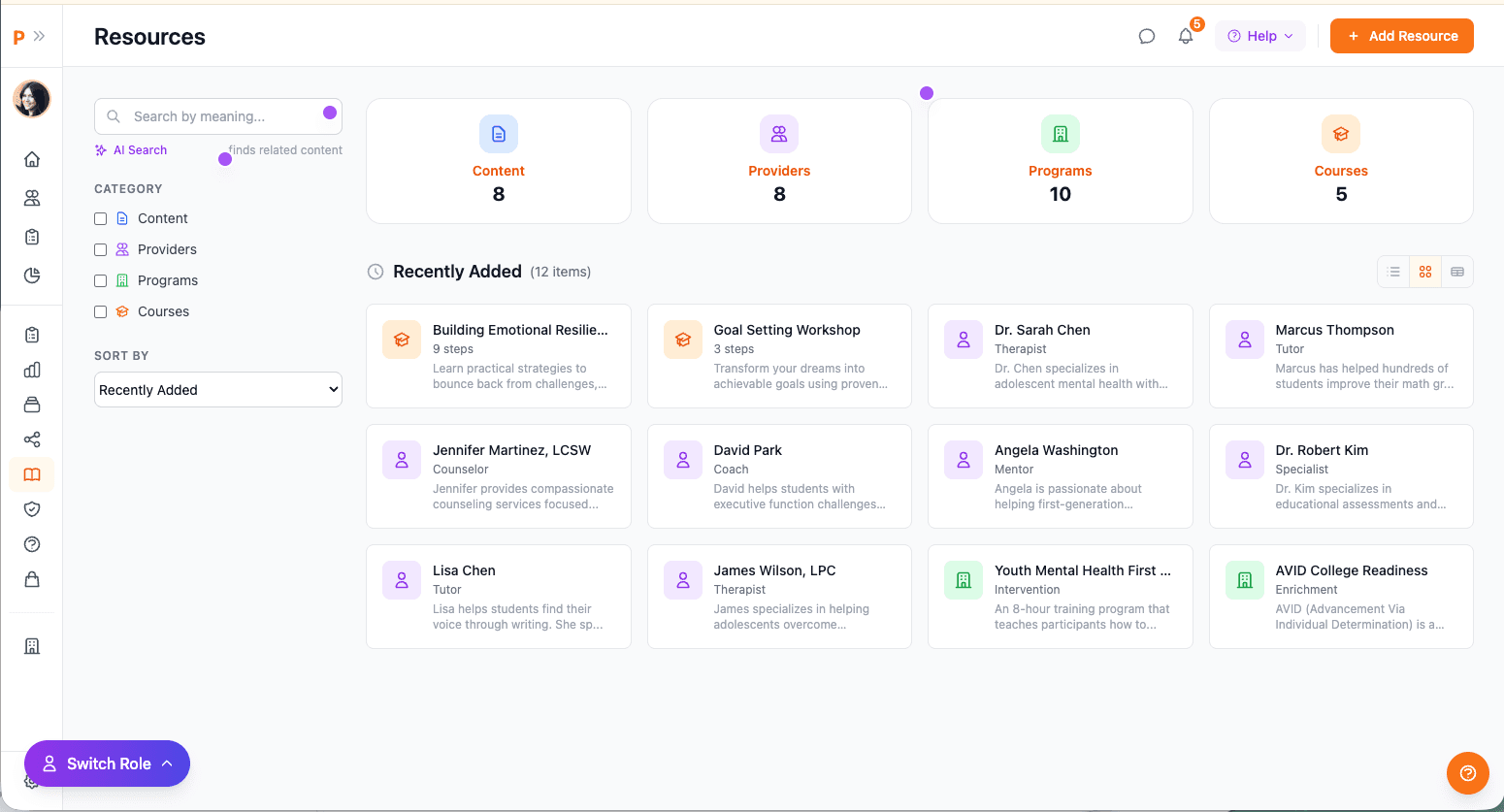 Pulse resources library with connected data categories
