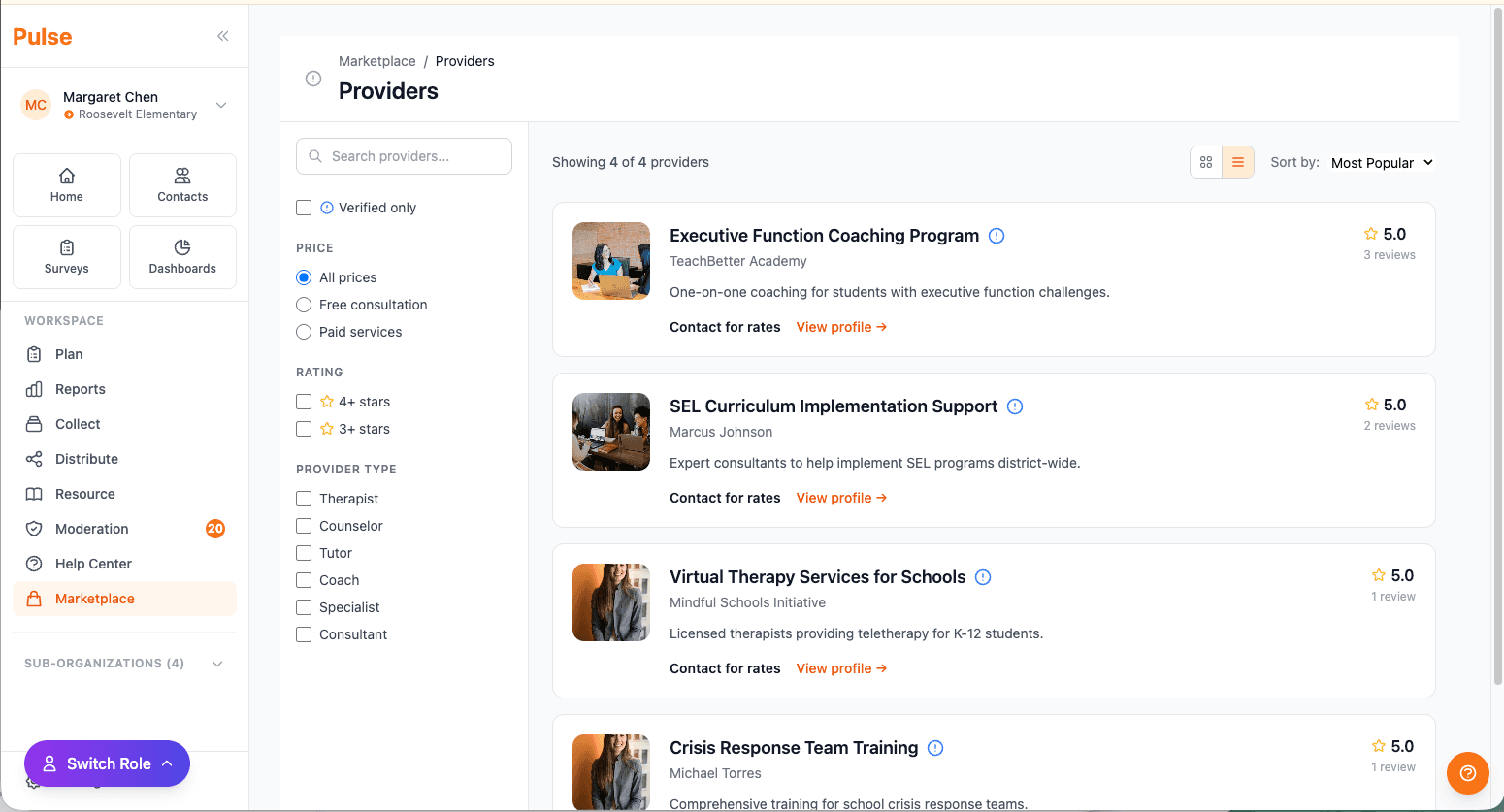 Provider marketplace list with filtering