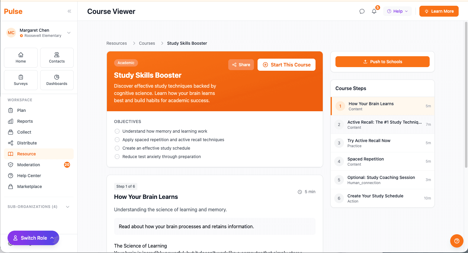 Course viewer experience for assigned learning resources