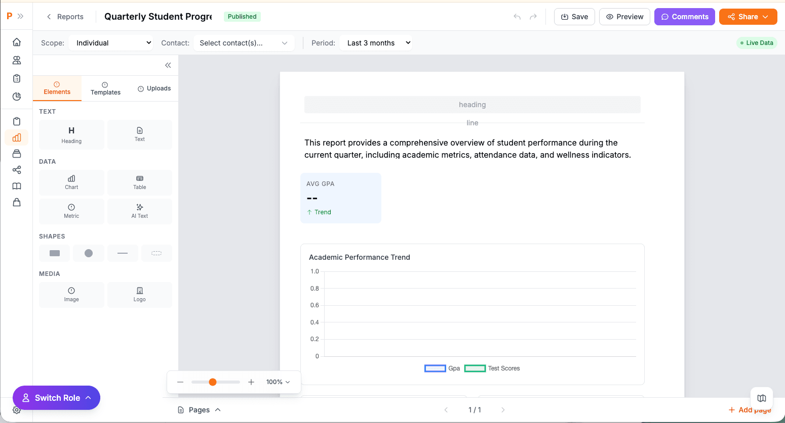 Pulse report builder showing data visualization elements