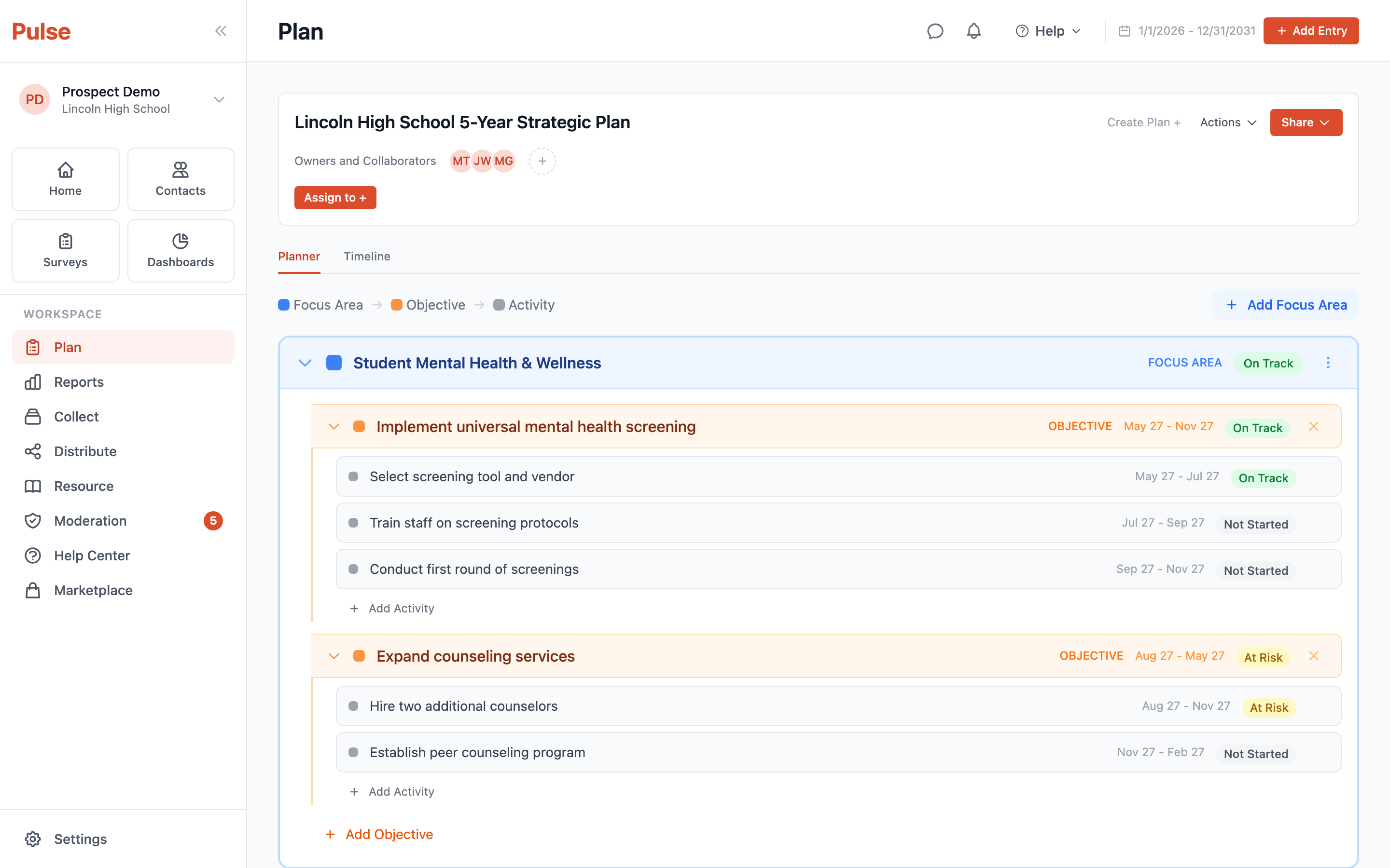 Pulse plan intelligence view showing strategic plan with focus areas and real-time status tracking