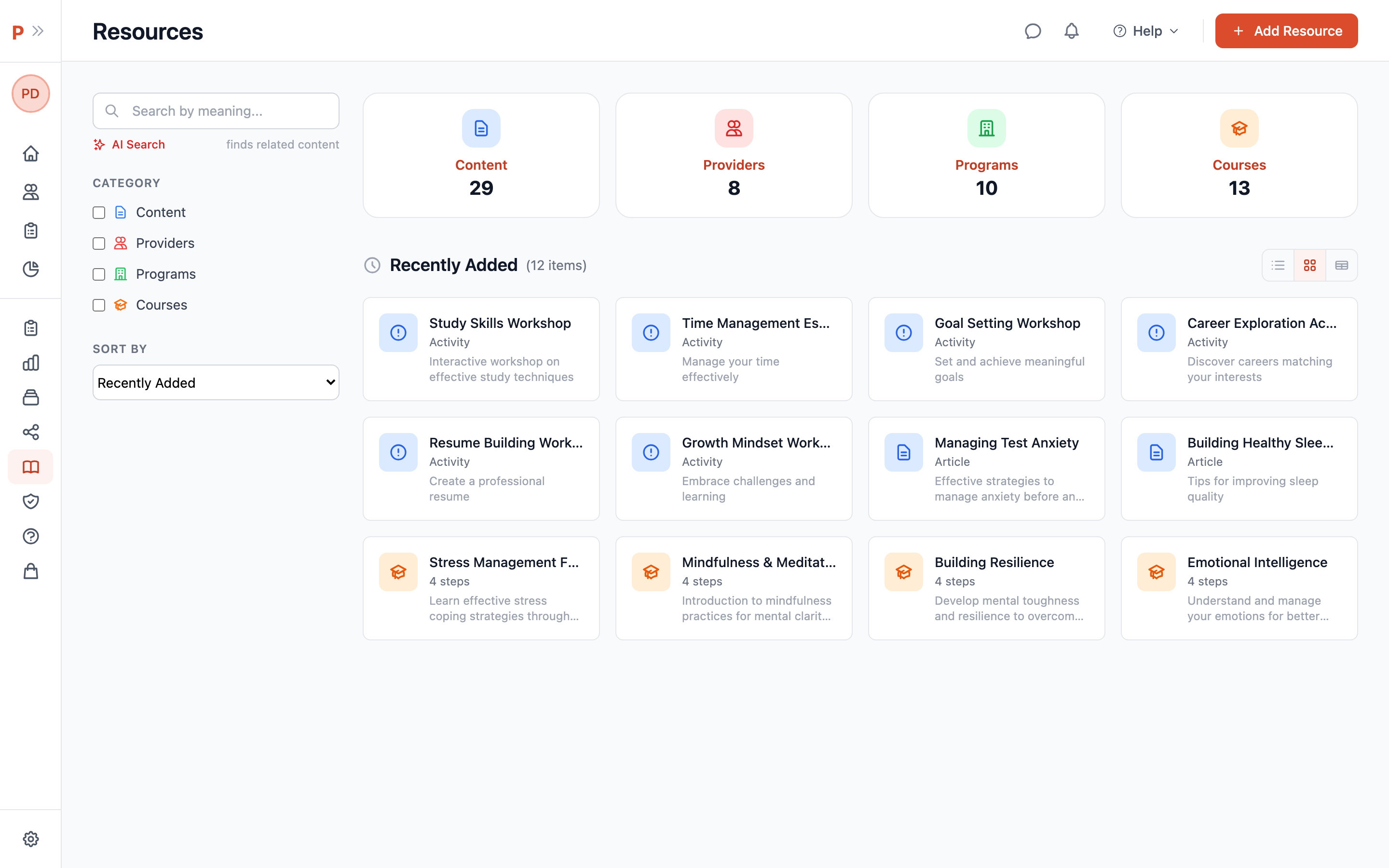Pulse resource library with courses, programs, and coaching organized by category
