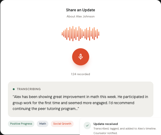 Pulse voice recording screen showing waveform, transcription, and counselor notification confirmation